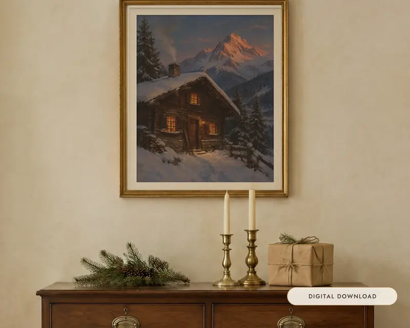 Alpine Chalet Print, shown in a room