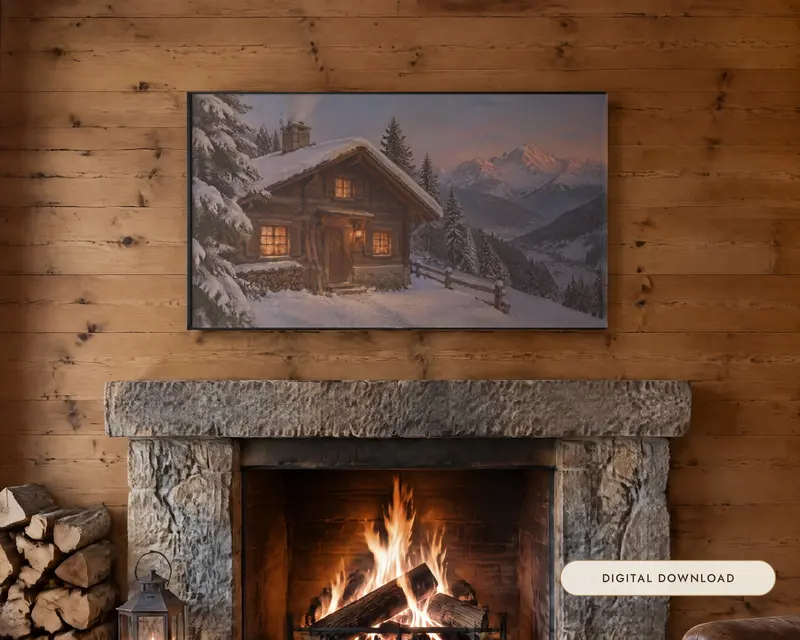 Apres Ski Frame TV Art Set of 7, shown in a room