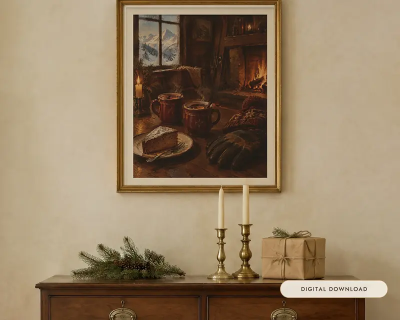Apres Ski Print, Mulled Wine Oil Painting, shown in a room