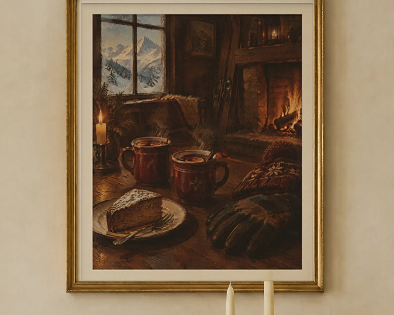 Apres Ski Print, Mulled Wine Oil Painting, shown in a second room