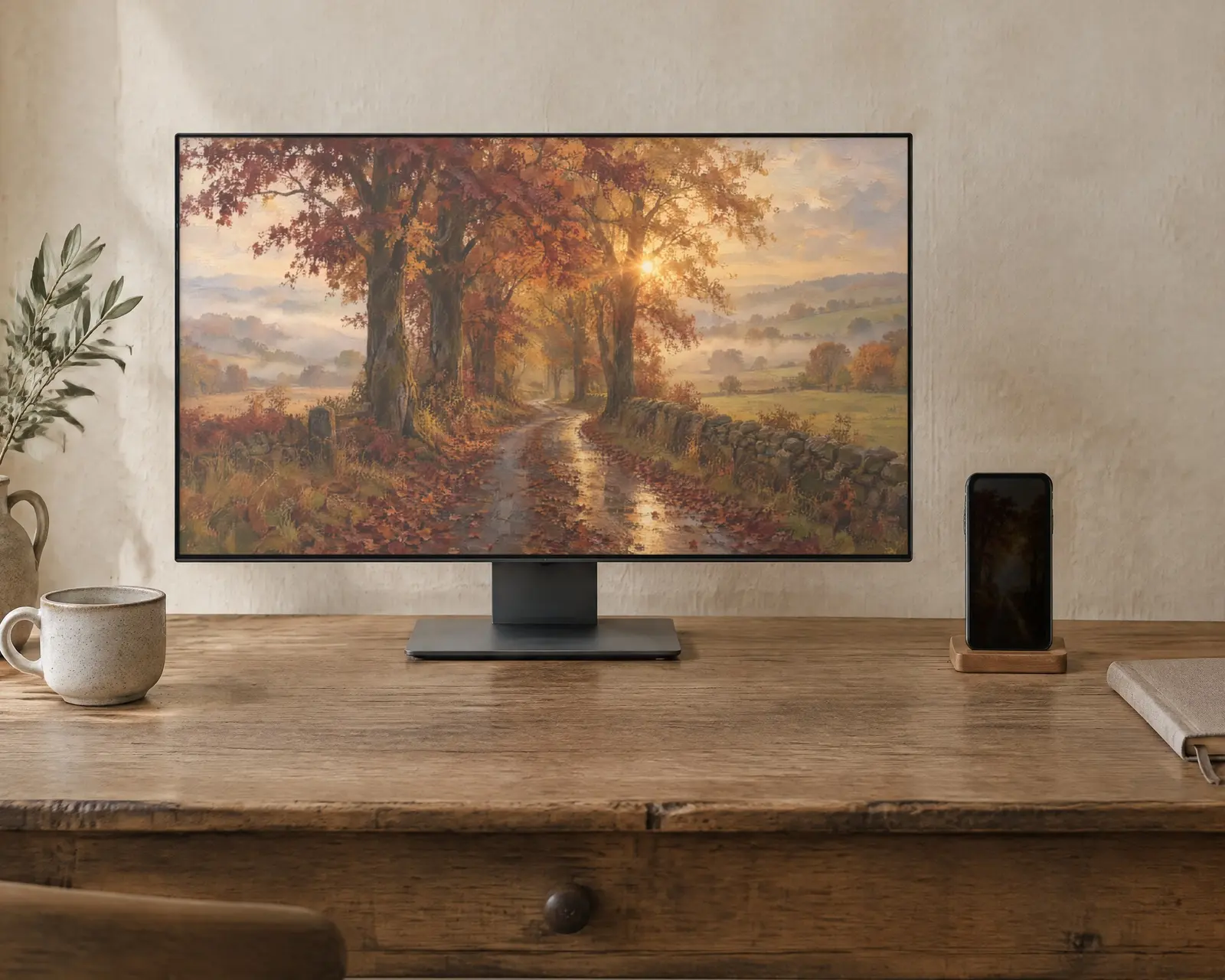 Autumn Country Lane Wallpaper, shown in a second room