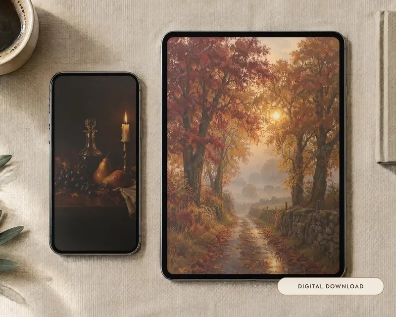 Autumn Wallpaper Bundle, 7 Oil Paintings, shown in a room