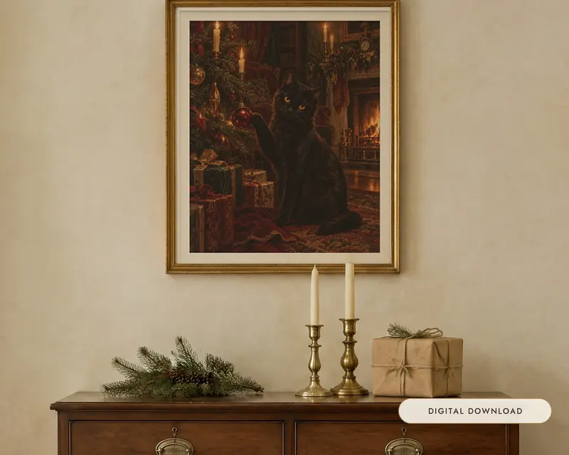 Black Cat Christmas Print, shown in a room