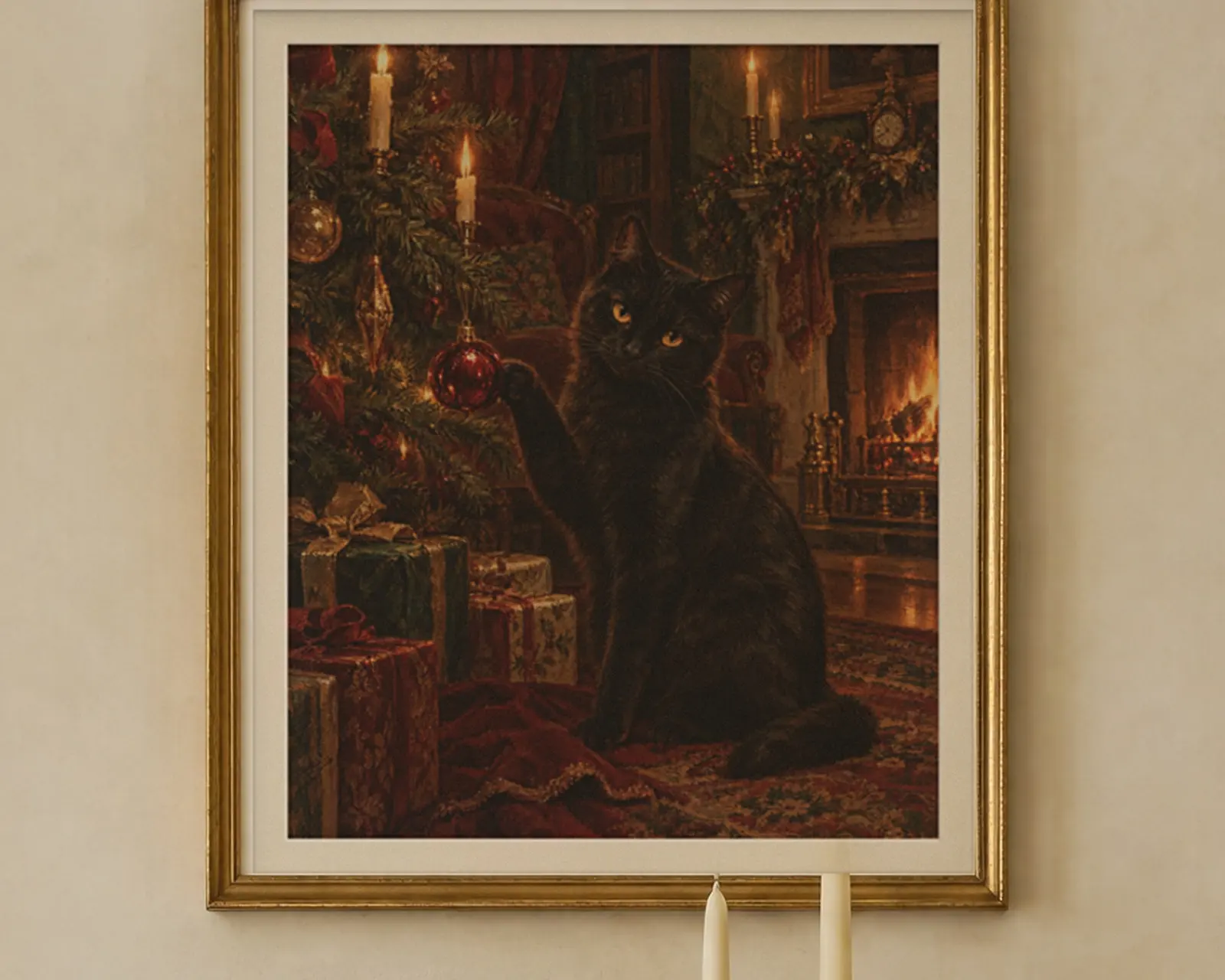 Black Cat Christmas Print, shown in a second room