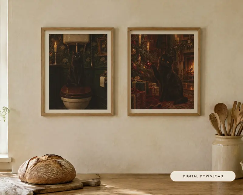 Black Cat Gift Set of 2 Prints, Bathroom and Christmas, shown in a room
