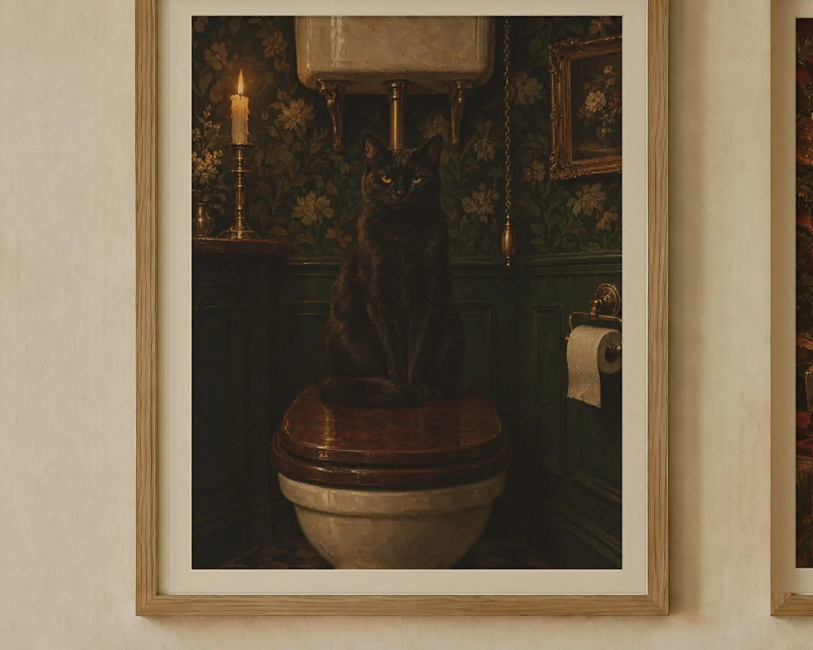Black Cat Gift Set of 2 Prints, Bathroom and Christmas, shown in a second room