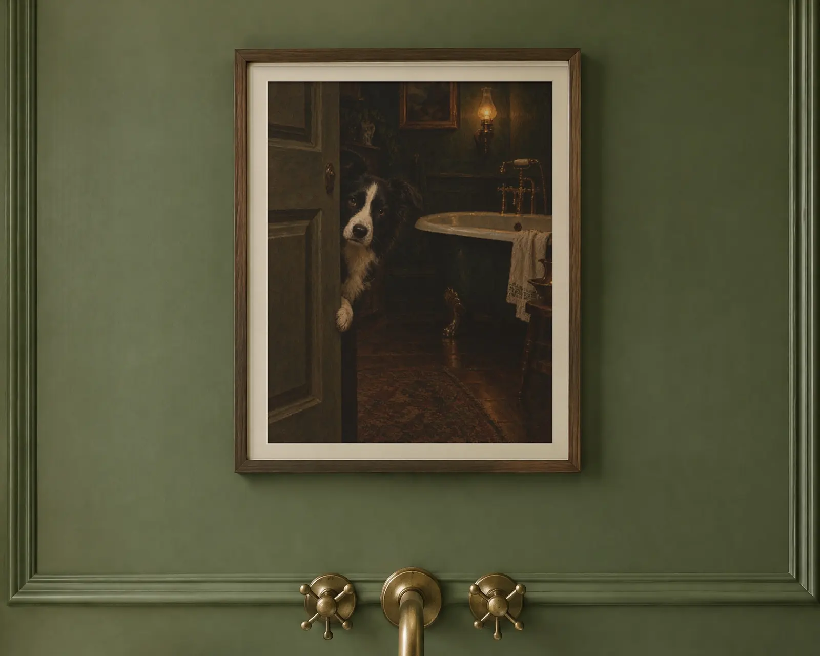 Border Collie Bathroom Wall Art, shown in a second room