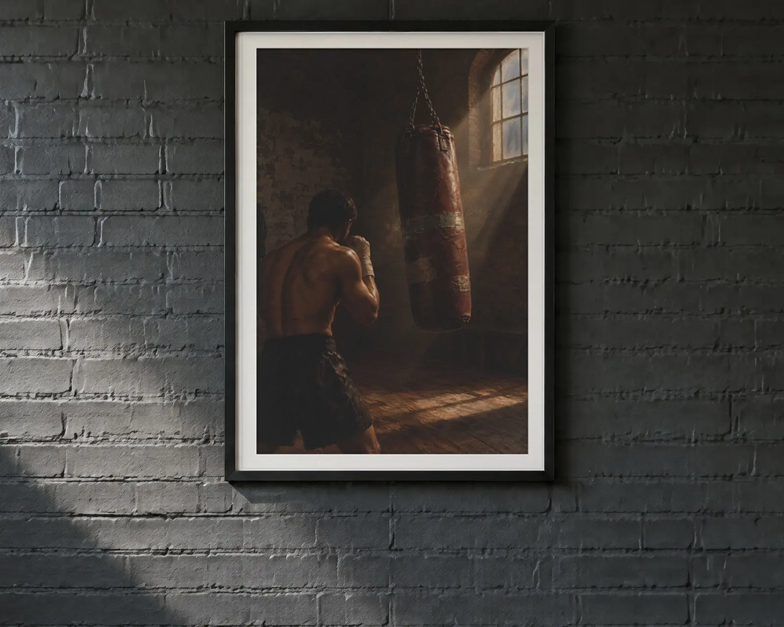 Boxing Oil Painting Print, shown in a second room
