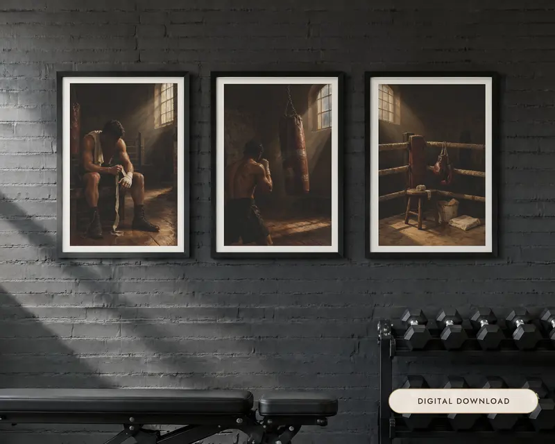 Boxing Oil Painting Set of 3, shown in a room