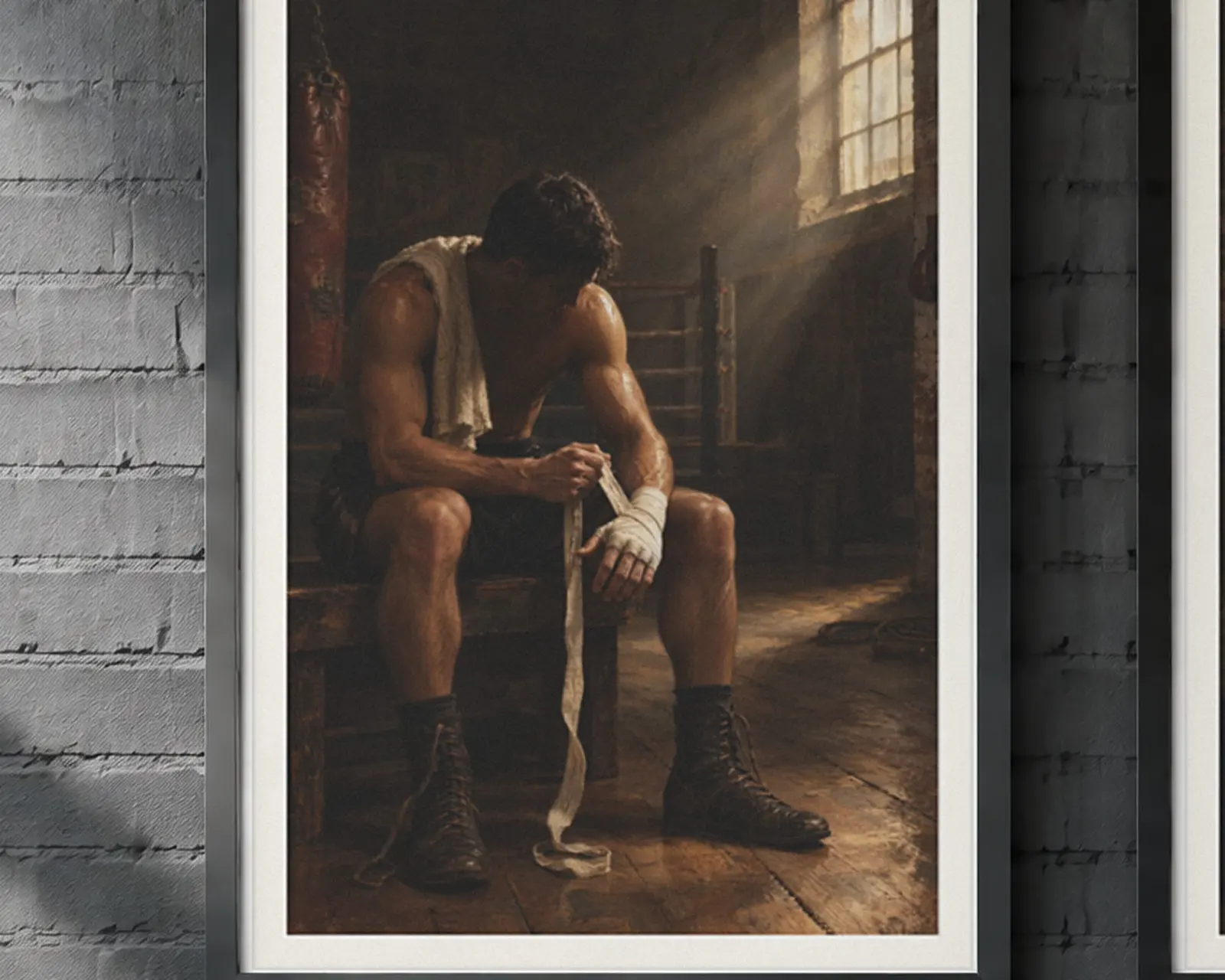 Boxing Oil Painting Set of 3, shown in a second room