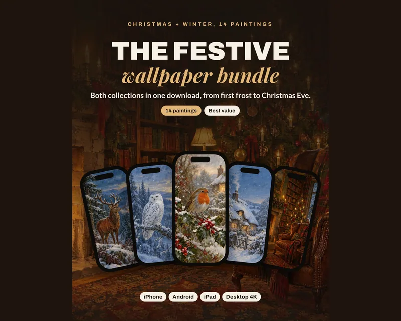 Christmas and Winter Phone Wallpaper Bundle, 14 Oil Paintings, shown in a room