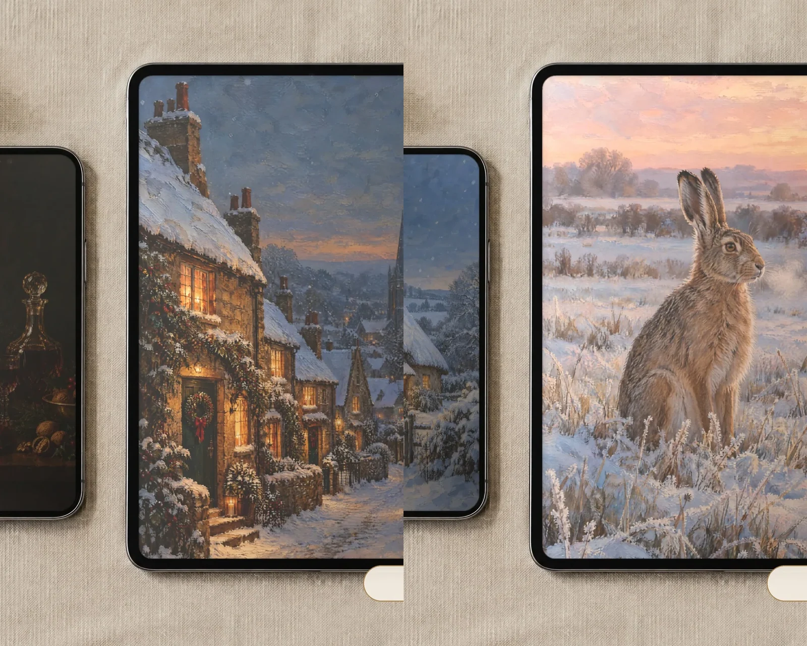 Christmas and Winter Phone Wallpaper Bundle, 14 Oil Paintings, shown in a second room
