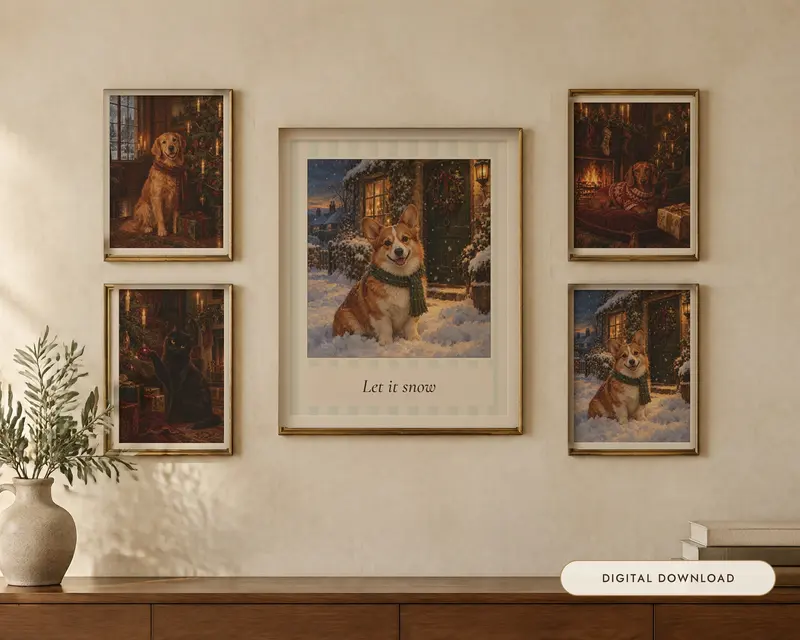 Christmas Dog and Cat Prints Set of 4, shown in a room