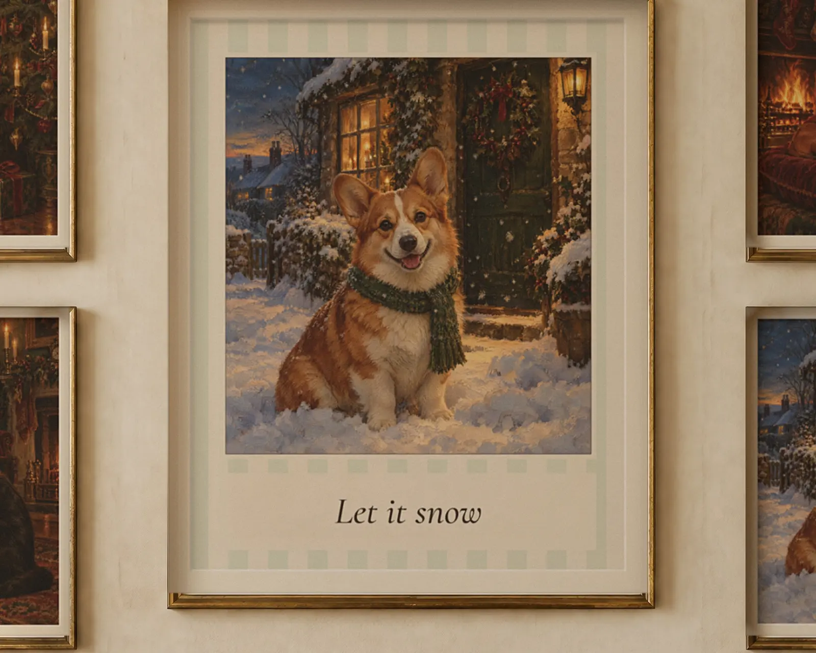 Christmas Dog and Cat Prints Set of 4, shown in a second room