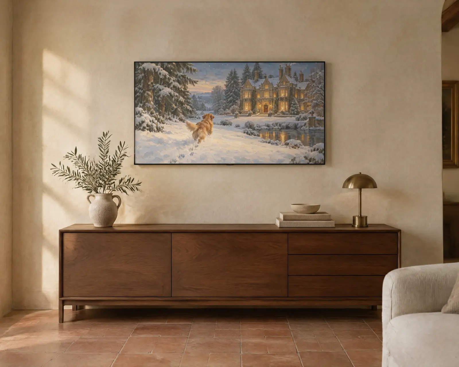 Christmas Frame TV Art Set of 4, Dogs and Cats, shown in a second room