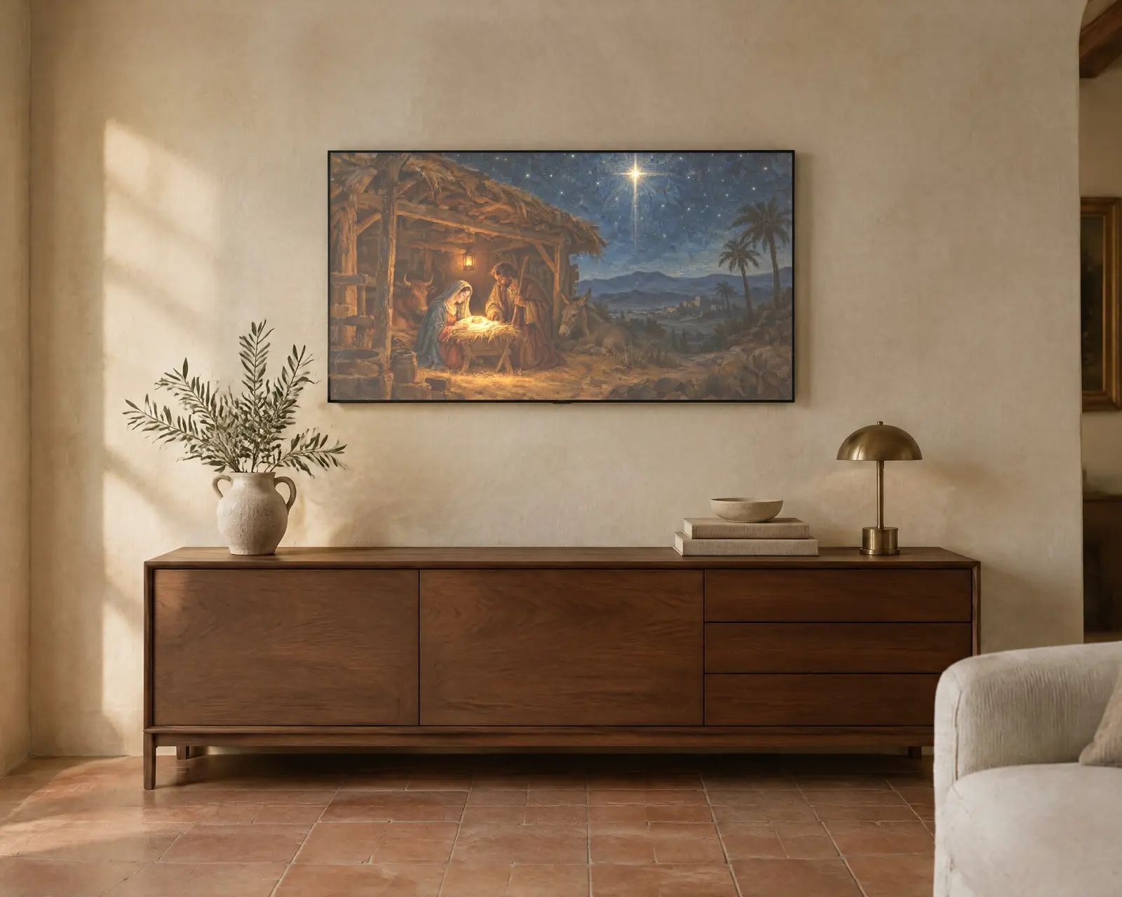 Christmas Nativity Frame TV Art Set of 7, shown in a second room