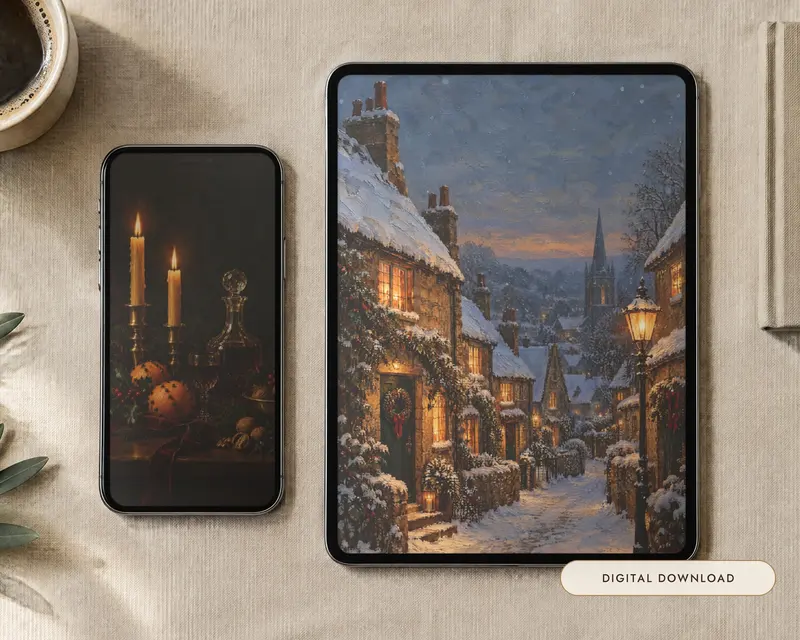 Christmas Wallpaper Bundle, 7 Oil Paintings, shown in a room