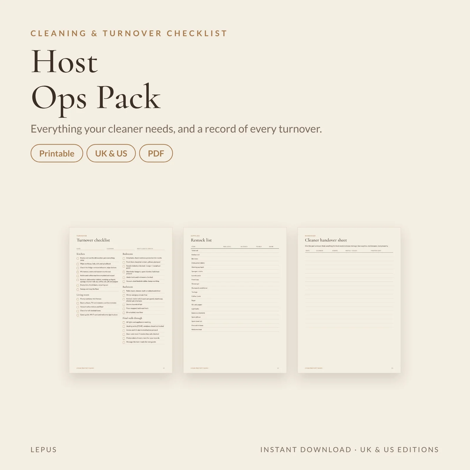 Cleaning checklist and host ops pack, template preview