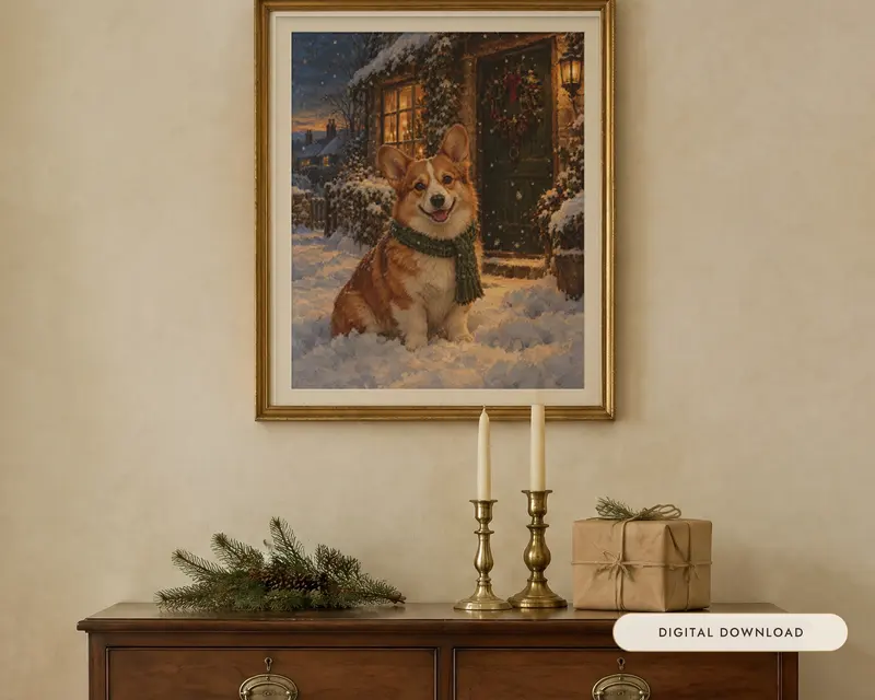 Corgi Christmas Print, shown in a room