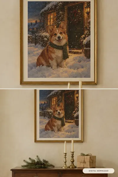 Corgi at Christmas, shown in a room