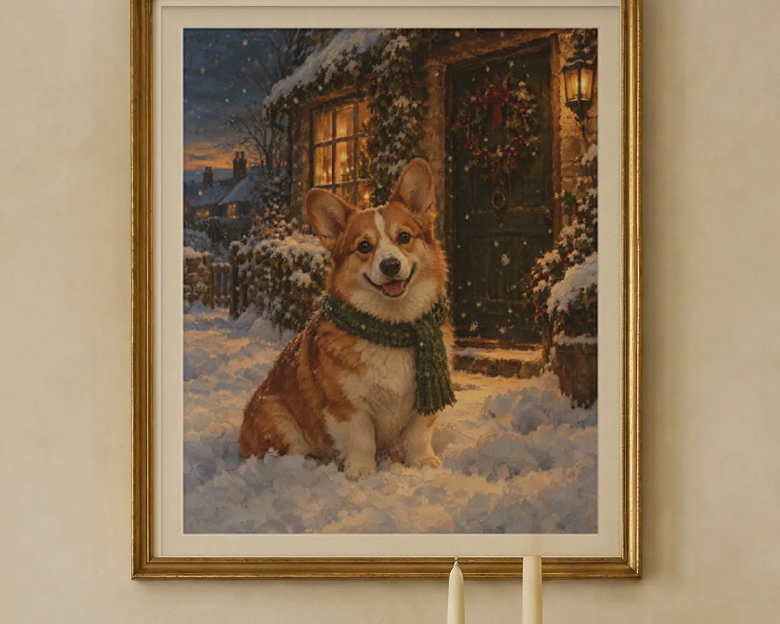 Corgi Christmas Print, shown in a second room