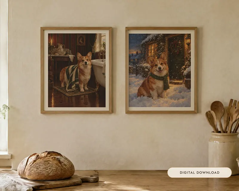 Corgi Gift Set of 2 Prints, Bathroom and Christmas, shown in a room