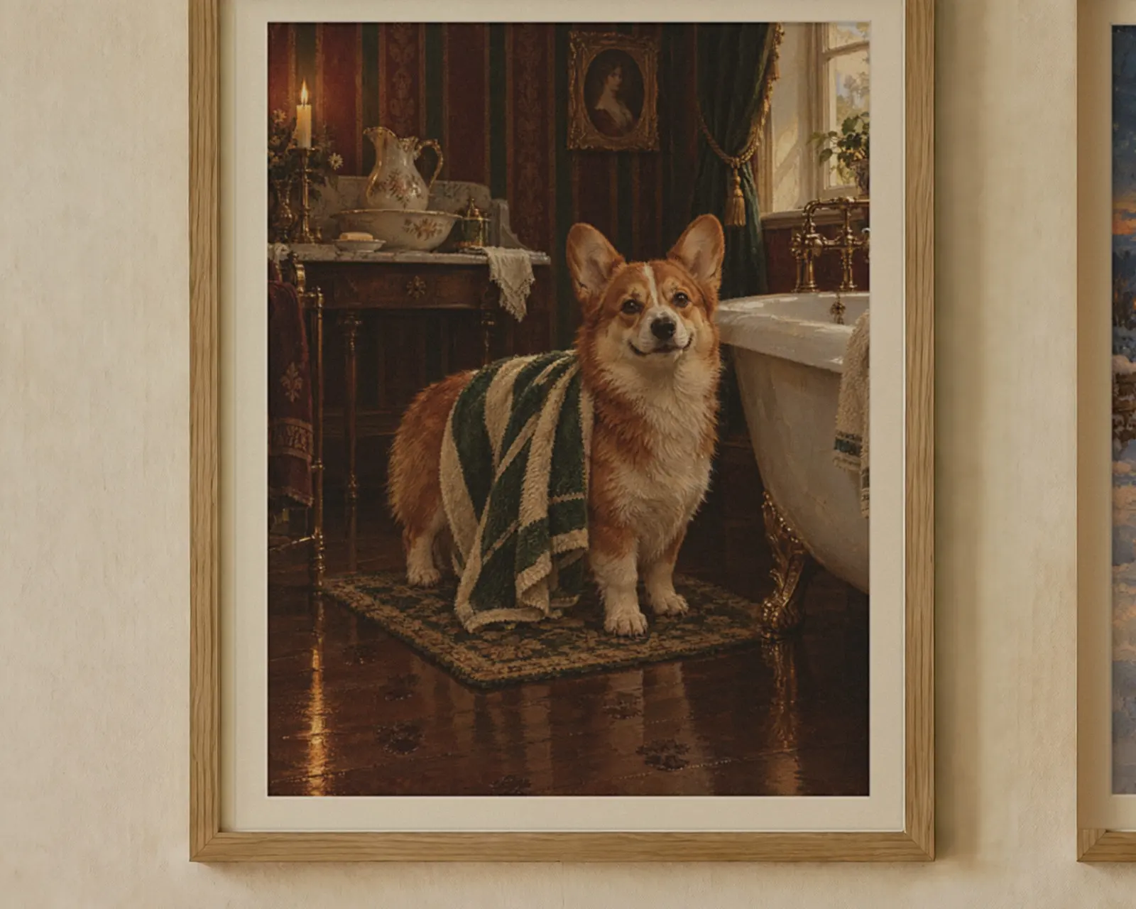 Corgi Gift Set of 2 Prints, Bathroom and Christmas, shown in a second room