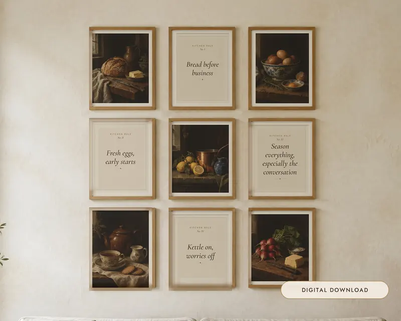 Cottage Kitchen Wall Art Set of 12, shown in a room