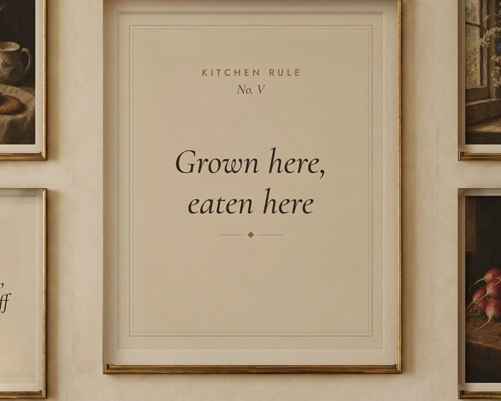 Cottage Kitchen Wall Art Set of 6 (second edition), shown in a second room