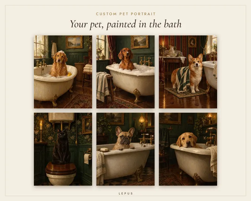 Custom Pet Portrait in the Bath, from Your Photo, shown in a room
