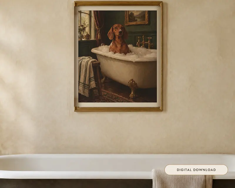 Dachshund Bathroom Wall Art, shown in a room