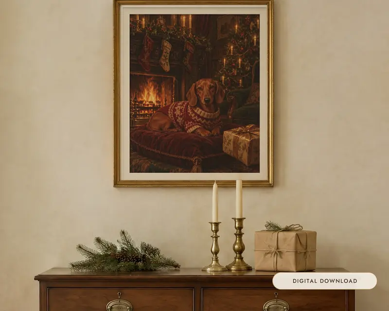 Dachshund Christmas Print, shown in a room