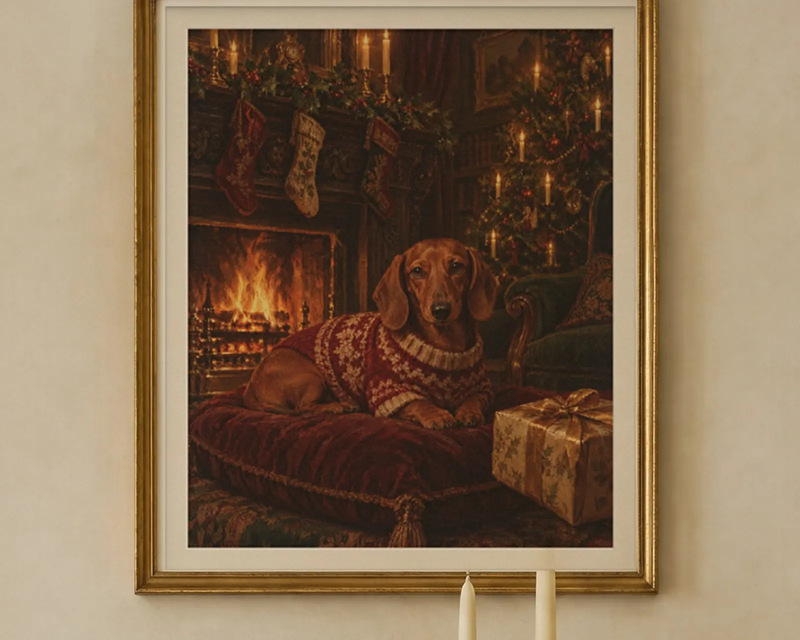 Dachshund Christmas Print, shown in a second room