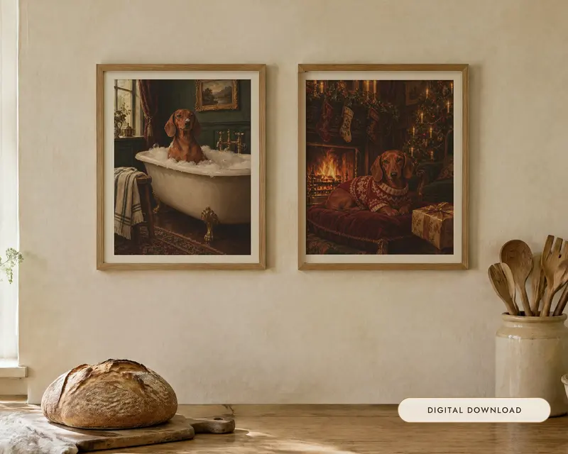 Dachshund Gift Set of 2 Prints, Bathroom and Christmas, shown in a room
