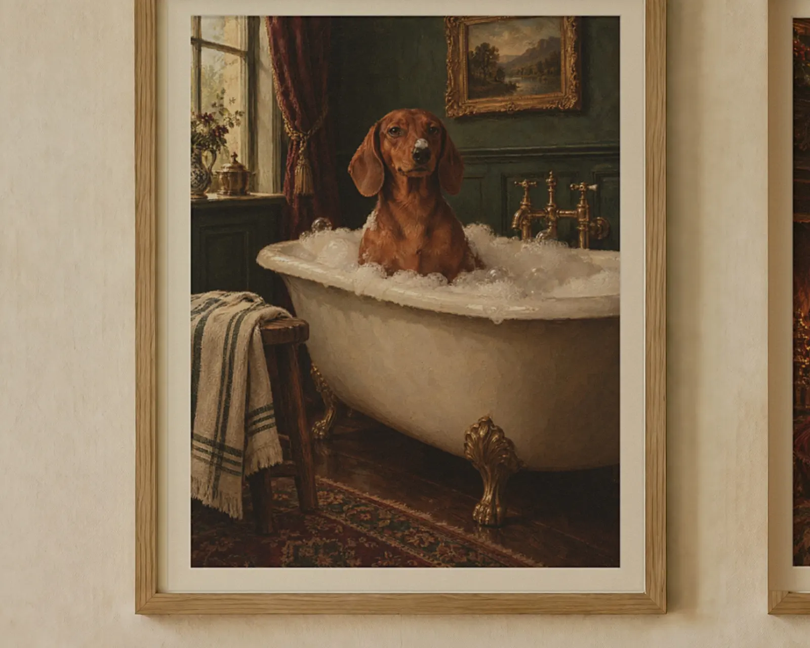 Dachshund Gift Set of 2 Prints, Bathroom and Christmas, shown in a second room