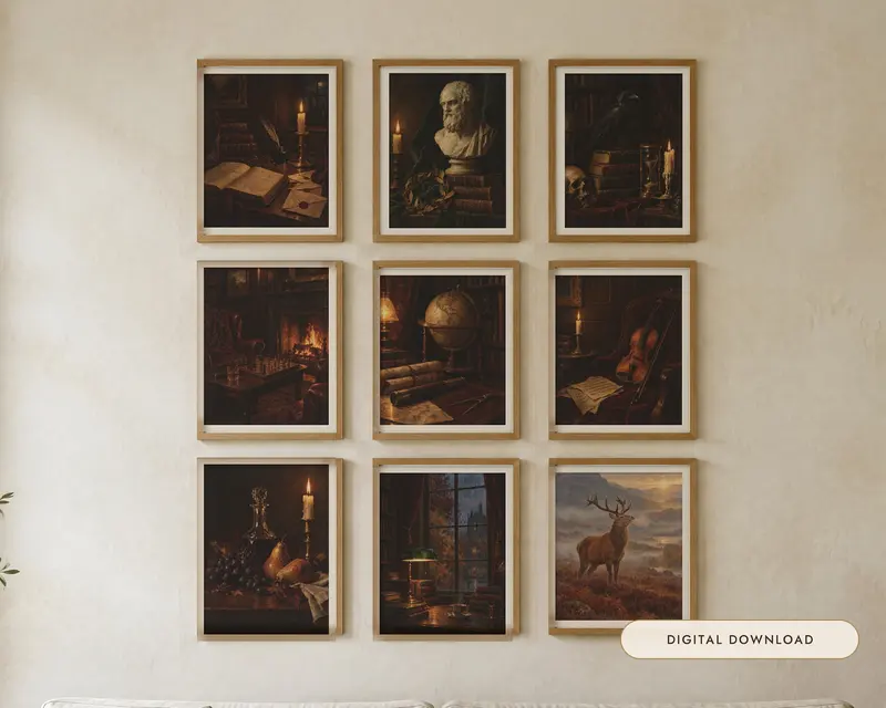 Dark Academia Gallery Wall Set of 9, shown in a room
