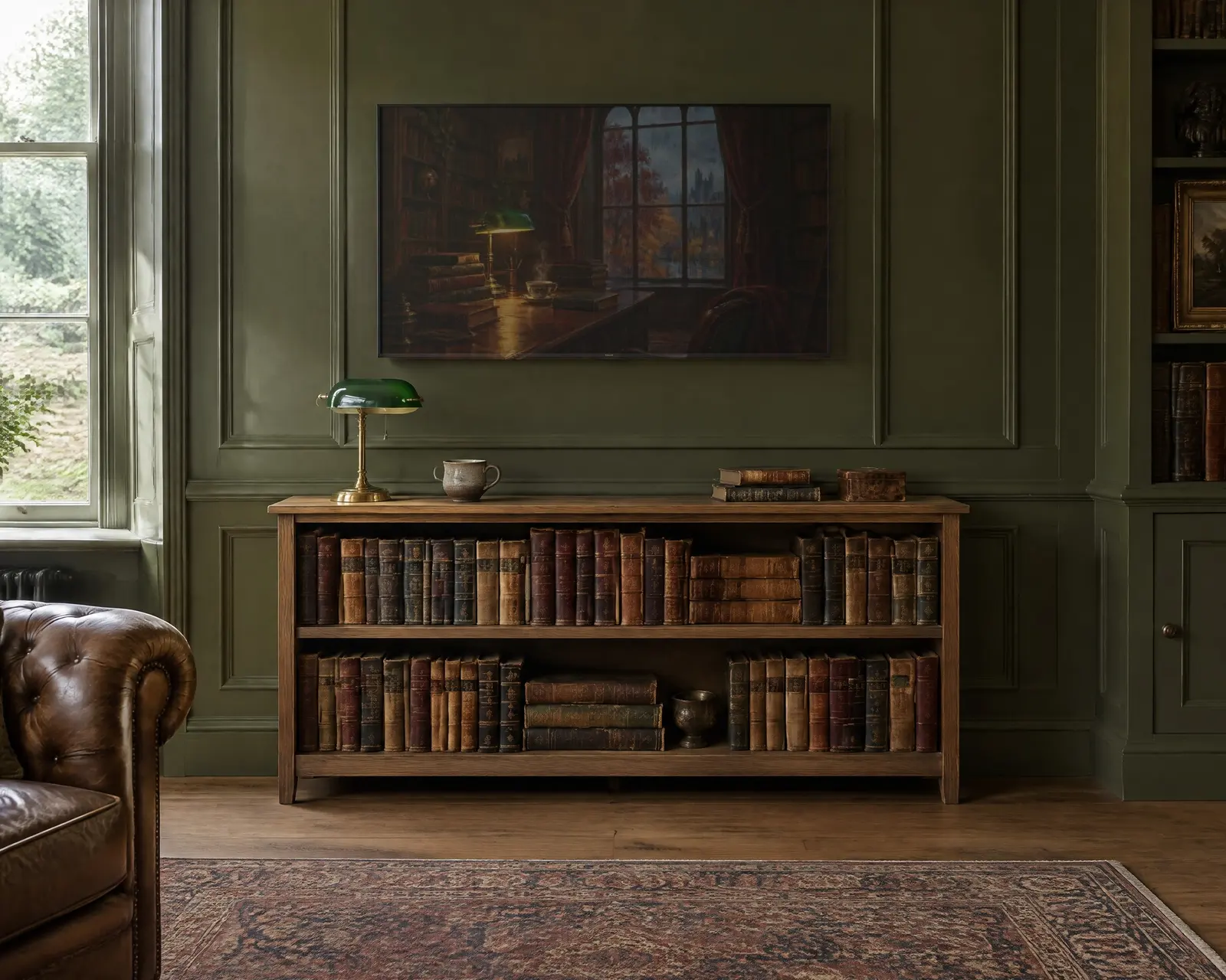 The Autumn Library painting on a Frame TV in a green panelled study
