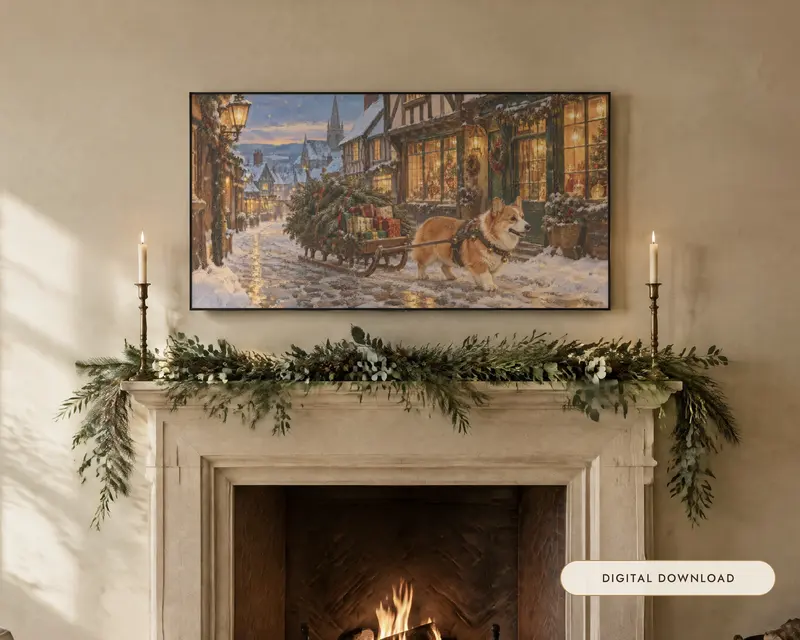 Corgi at Christmas, shown in a room