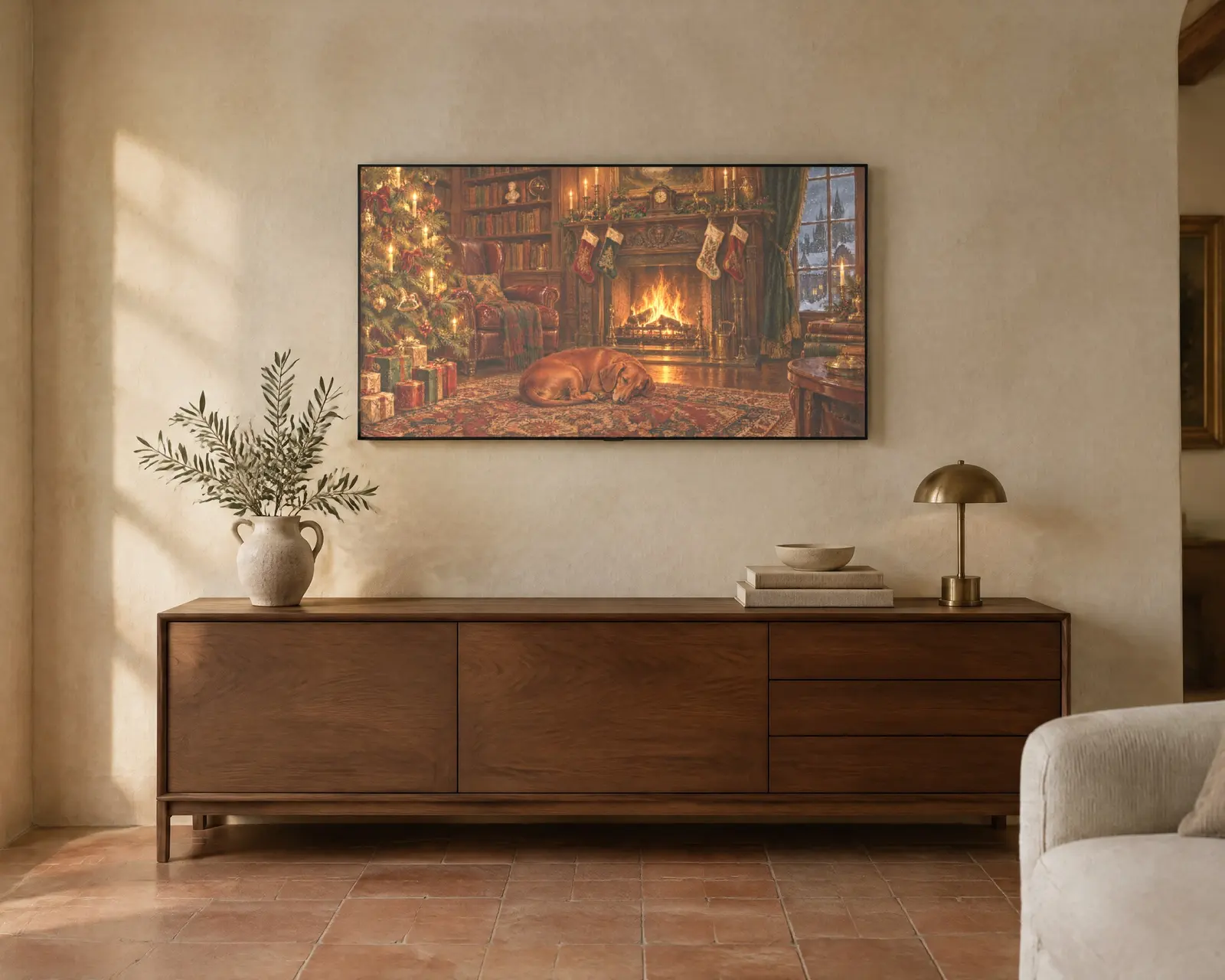 Dachshund at Christmas, shown in a second room