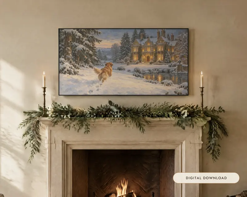 Golden Retriever at Christmas, shown in a room
