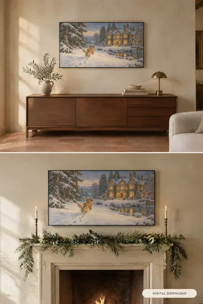 Golden Retriever at Christmas, shown in a room
