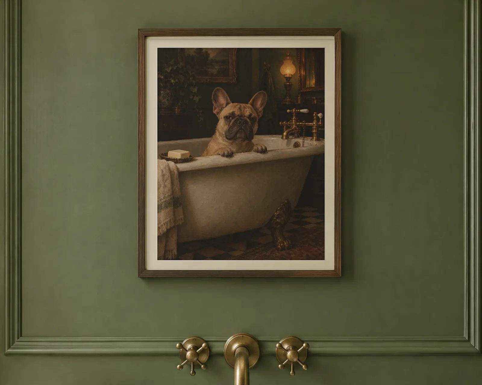 French Bulldog Bathroom Wall Art, shown in a second room