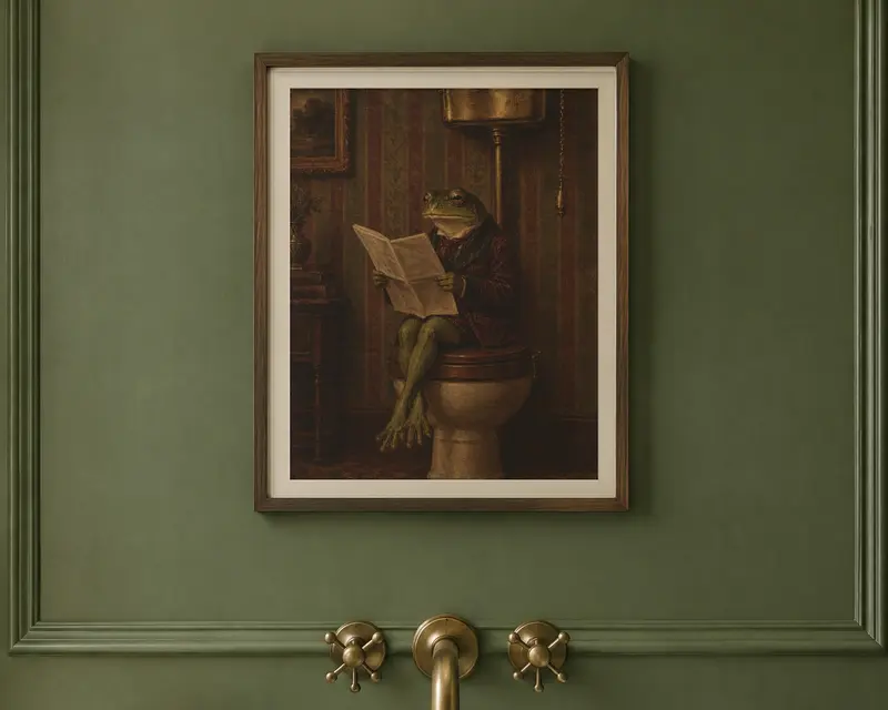 The Frog on the Loo print in a green bathroom
