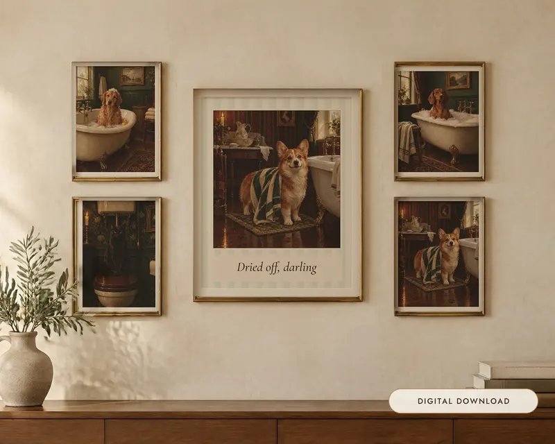 Funny Dog and Cat Bathroom Wall Art Set of 4, shown in a room