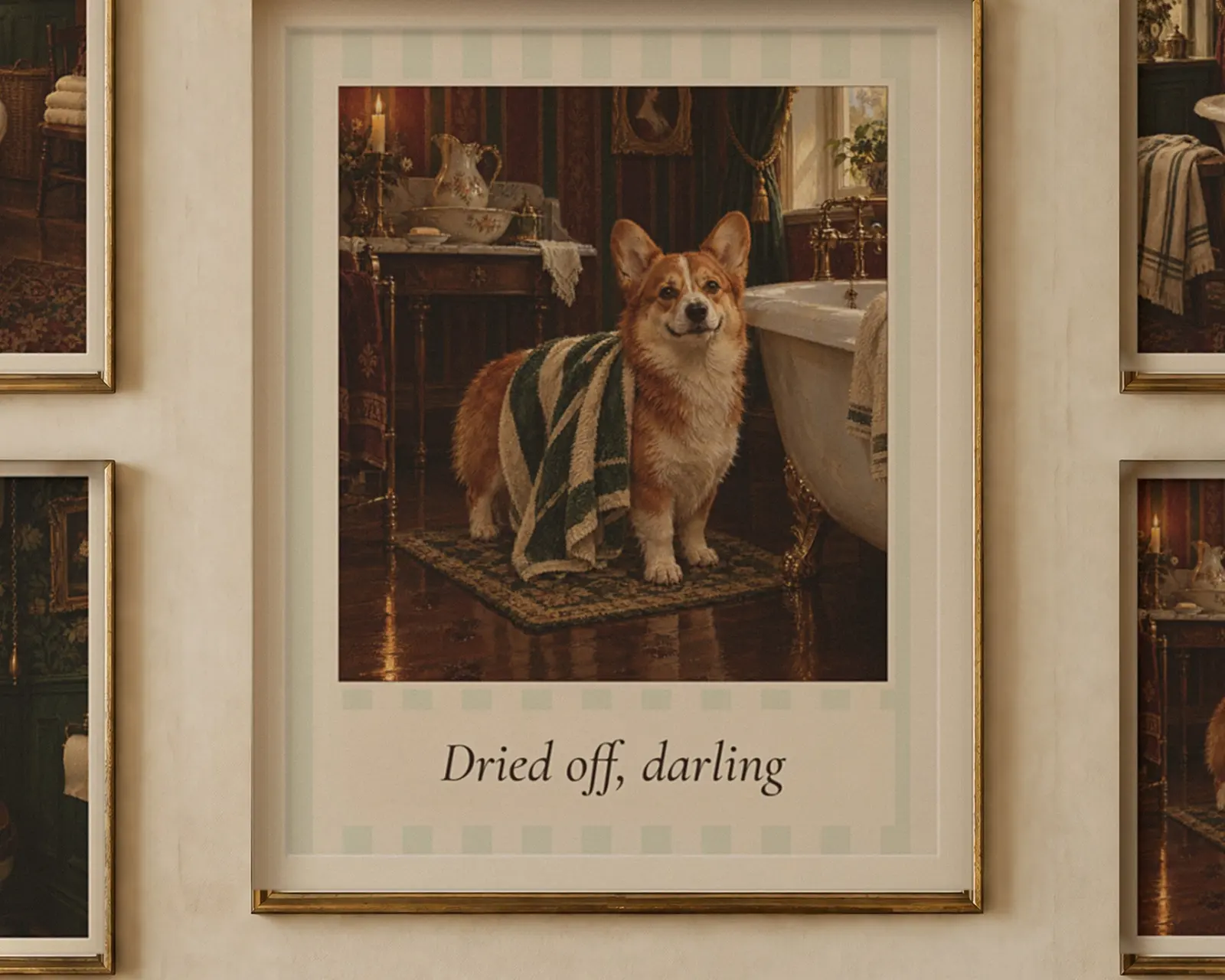 Funny Dog and Cat Bathroom Wall Art Set of 4, shown in a second room