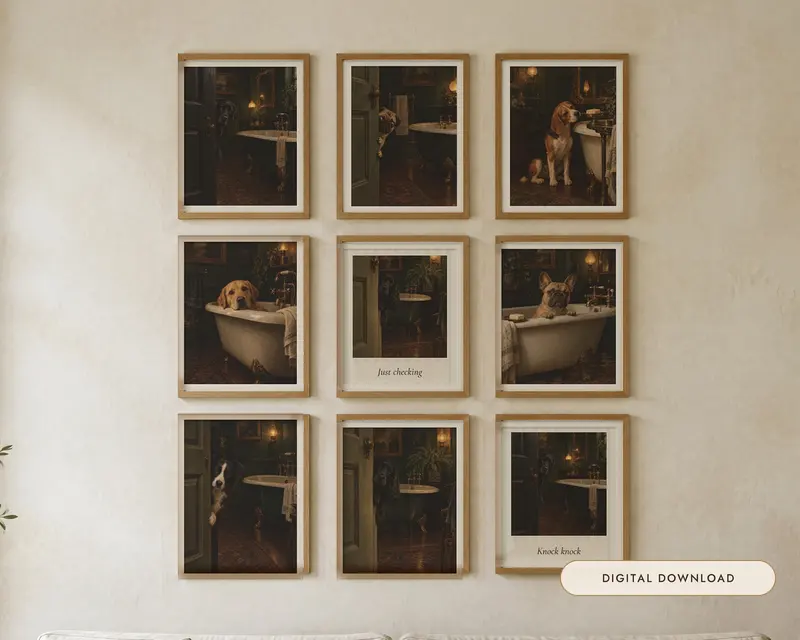 Funny Dog Bathroom Wall Art Set of 7, Peeking Dogs, shown in a room