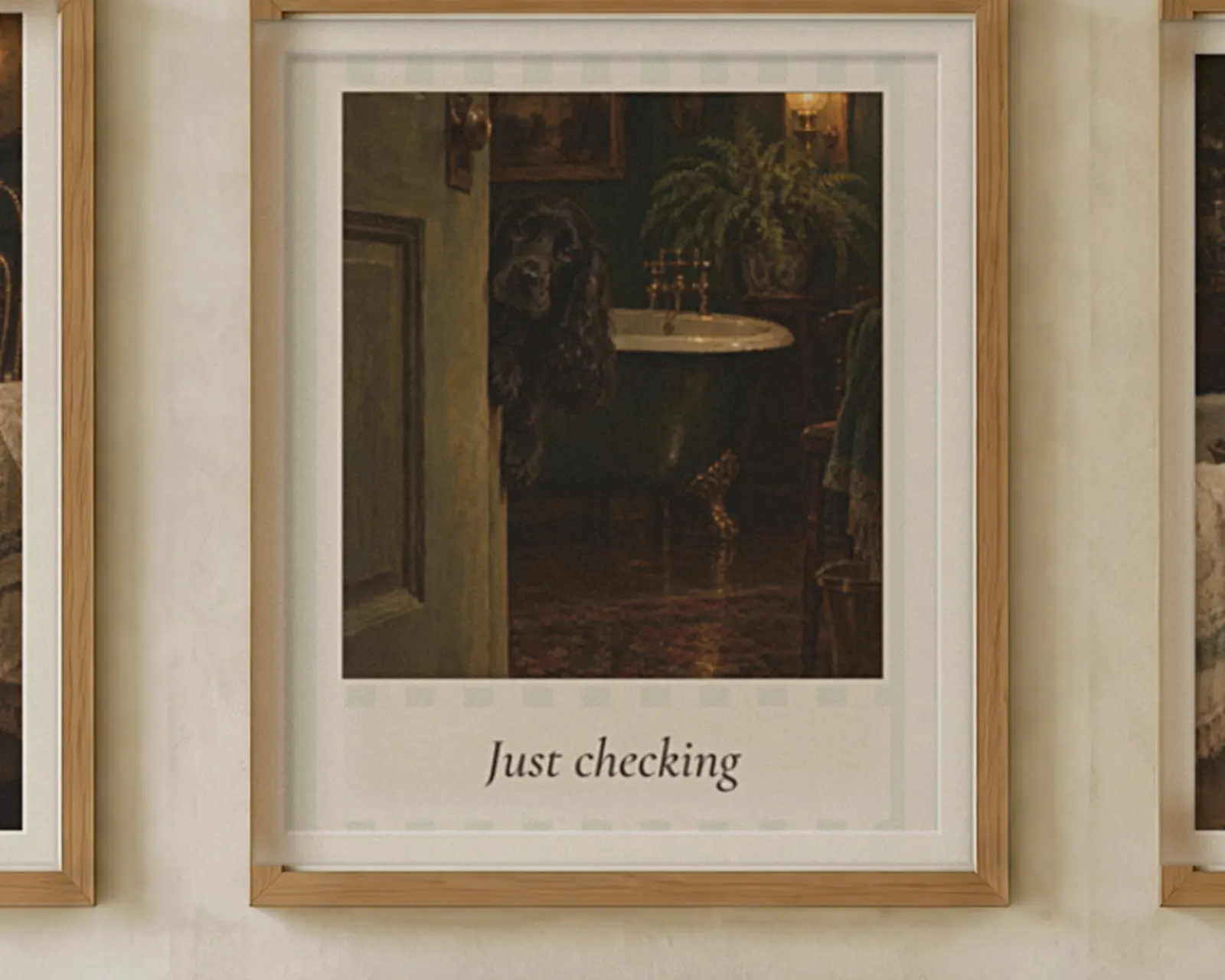 Funny Dog Bathroom Wall Art Set of 7, Peeking Dogs, shown in a second room