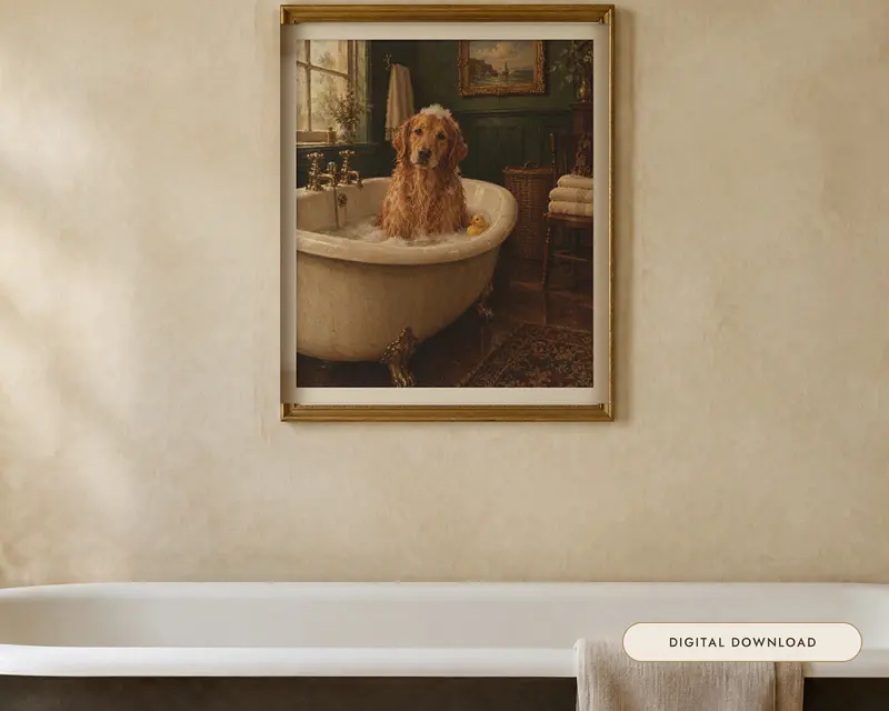 Golden Retriever Bathroom Wall Art, shown in a room
