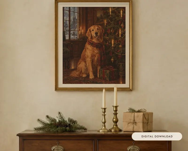 Golden Retriever Christmas Print, shown in a room