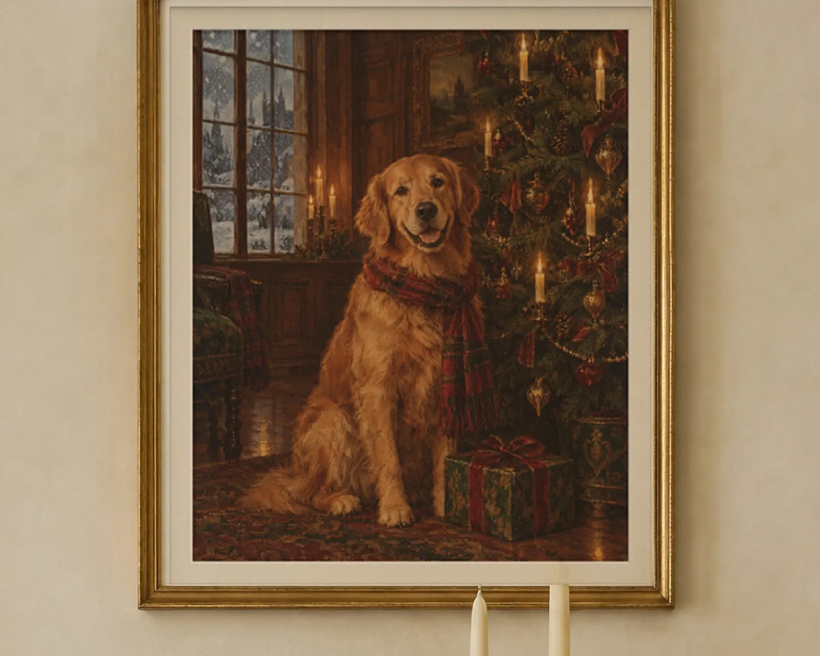 Golden Retriever Christmas Print, shown in a second room